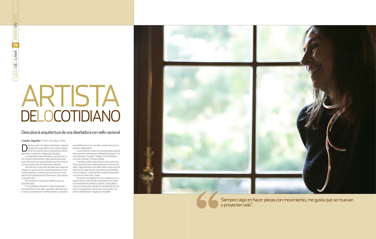 Spread ‘Artista de lo cotidiano’: a designer in a window’s light beside a cream text page with a pull quote