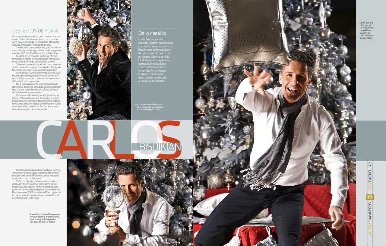 Spread in silver and gray with the title CARLOS and a portrait of a man mid-leap in front of a silver tree