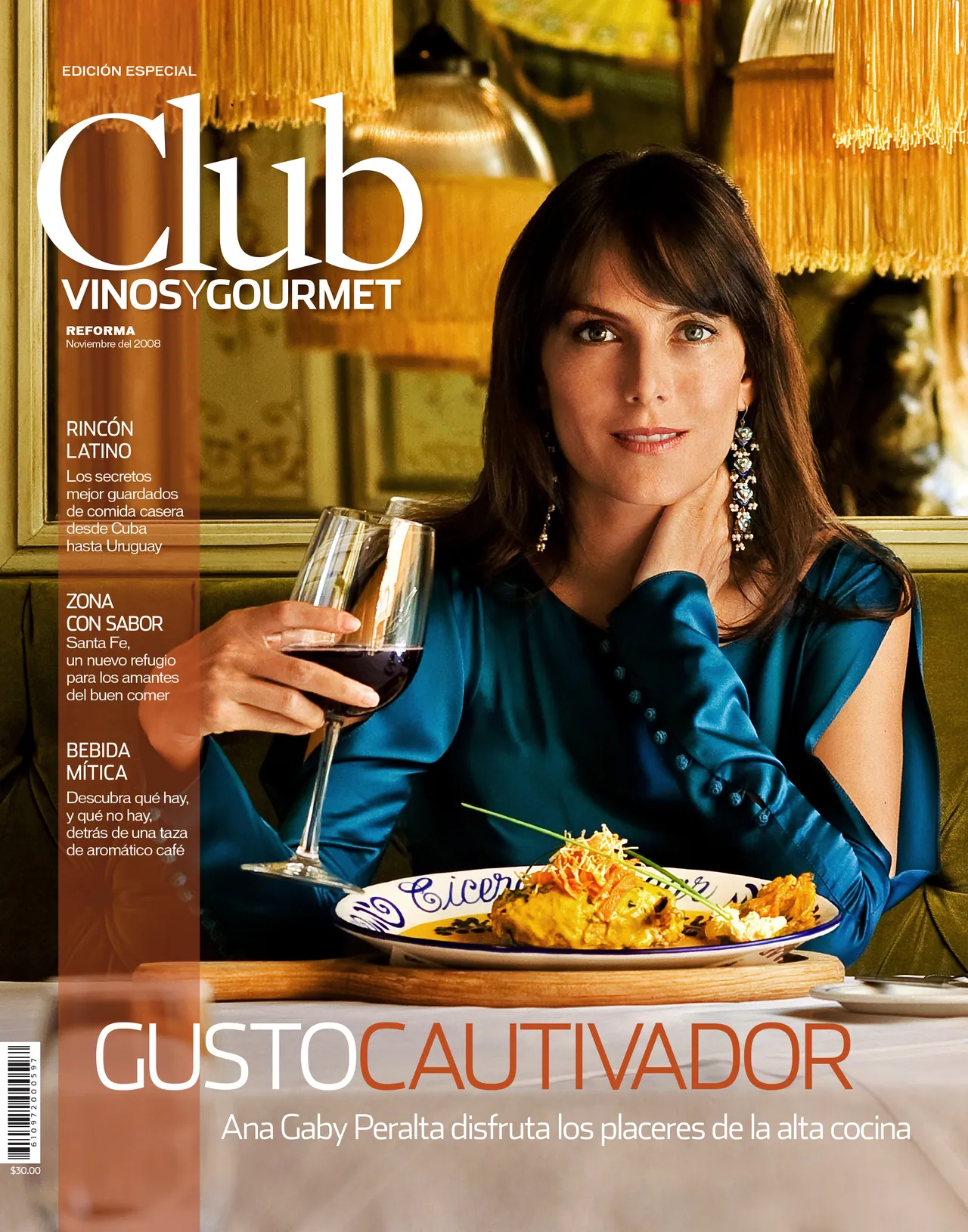 Club Vinos y Gourmet cover with a woman at a table, wearing blue satin gloves