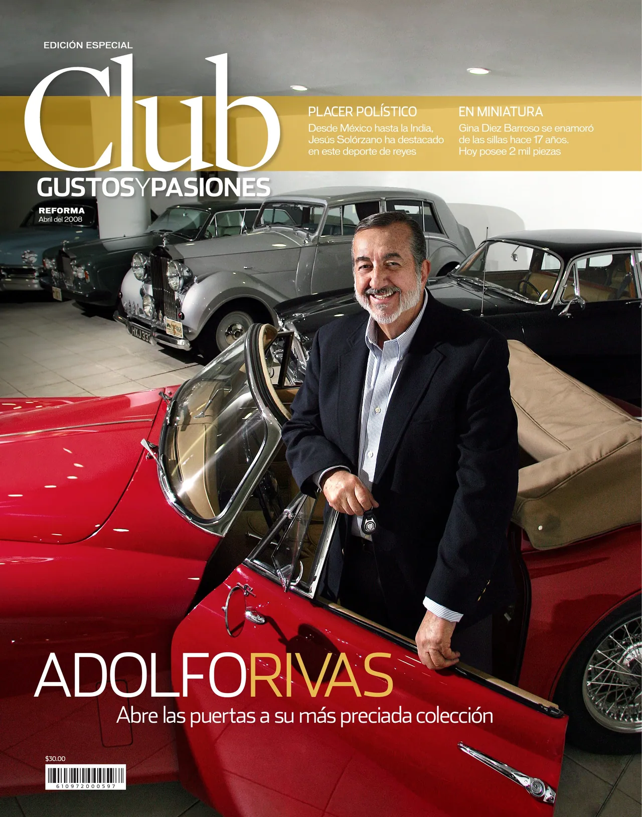 Club Gustos y Pasiones cover: a man standing beside a red vintage convertible in a car collection