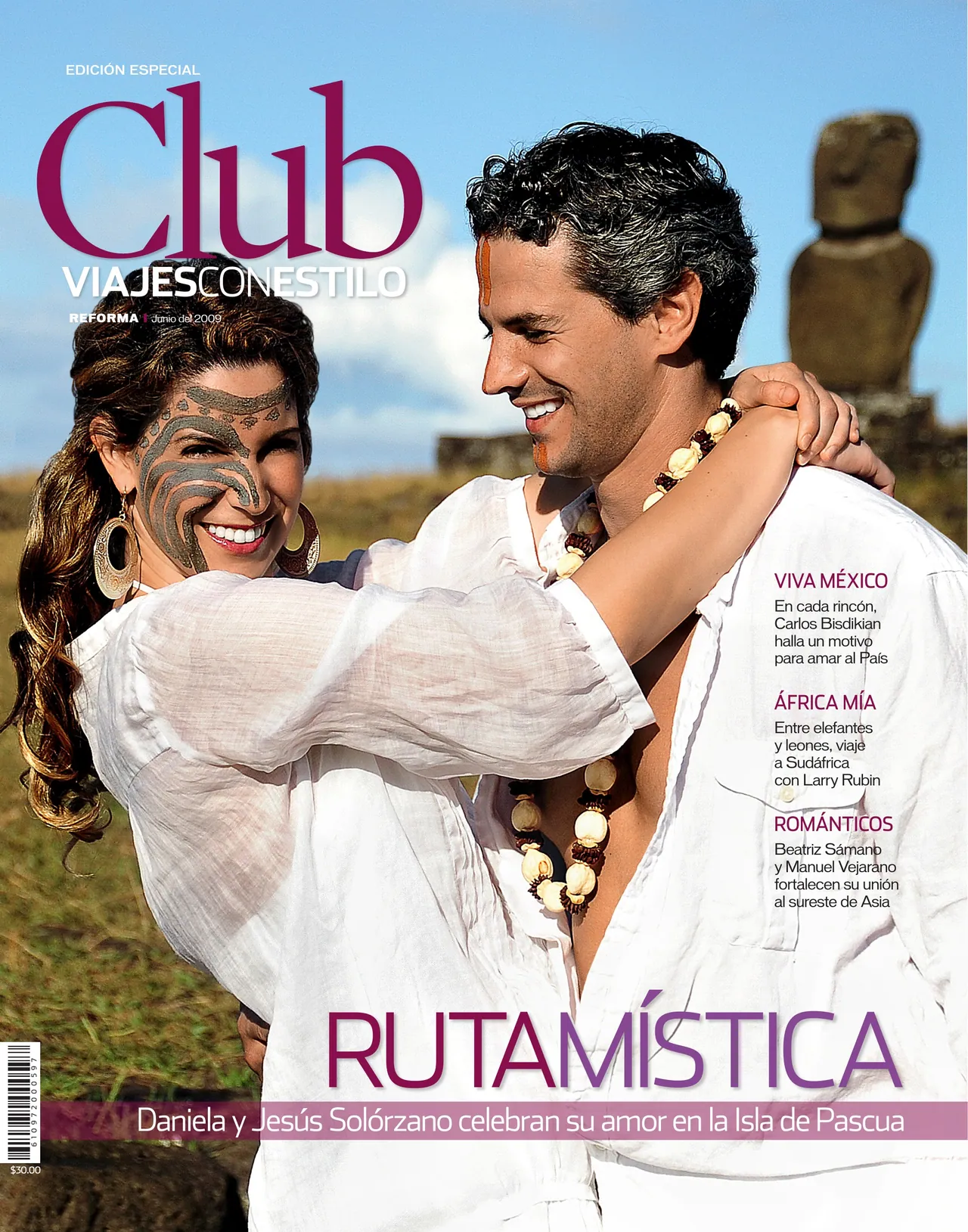 Club Viajes con estilo cover ‘Rutamística’: a couple in white with traditional body paint beside a moai