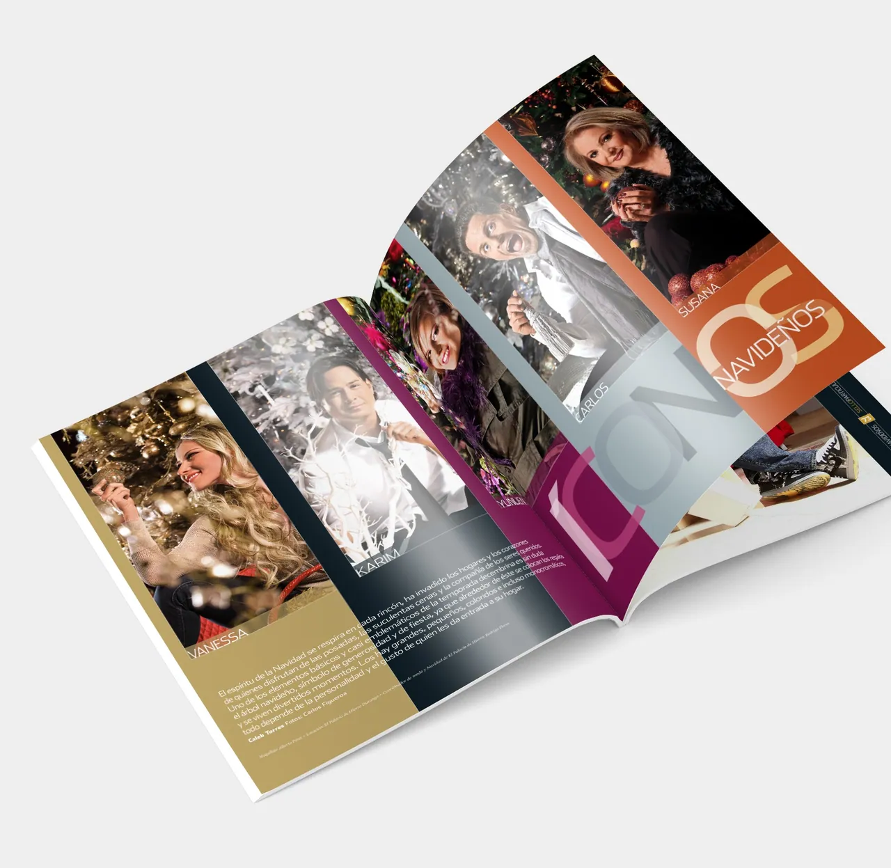 Club Holidays opening spread with festive portraits and a gold, plum and slate color scheme