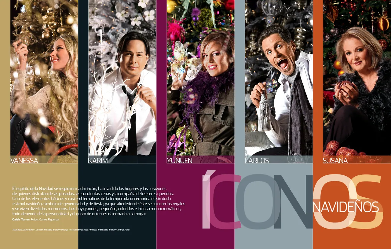 Opening spread with portraits of five people in front of holiday trees and the title Íconos Navideños