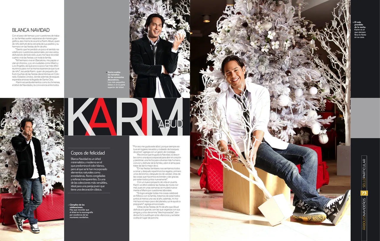 Spread with a white holiday tree, a portrait of Karim Abud seated on a gift box and the title KARIM in large type