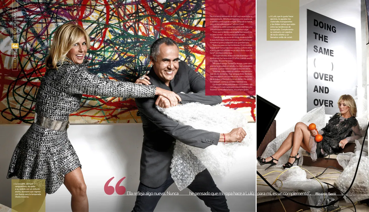 Interview spread: a man and a woman posing in front of a painted wall, with a pull quote
