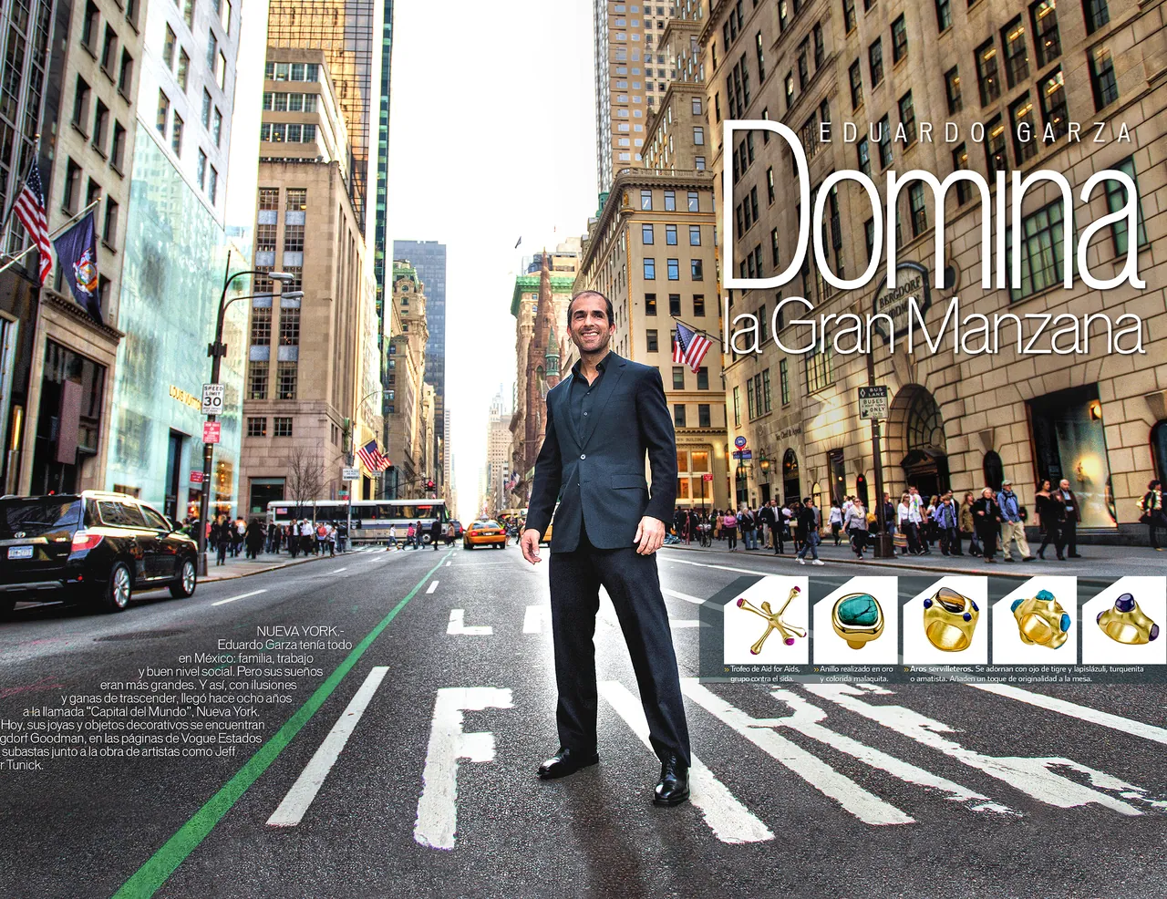 ‘Domina la Gran Manzana’: an executive standing in a New York street, with a row of jewelry along the bottom
