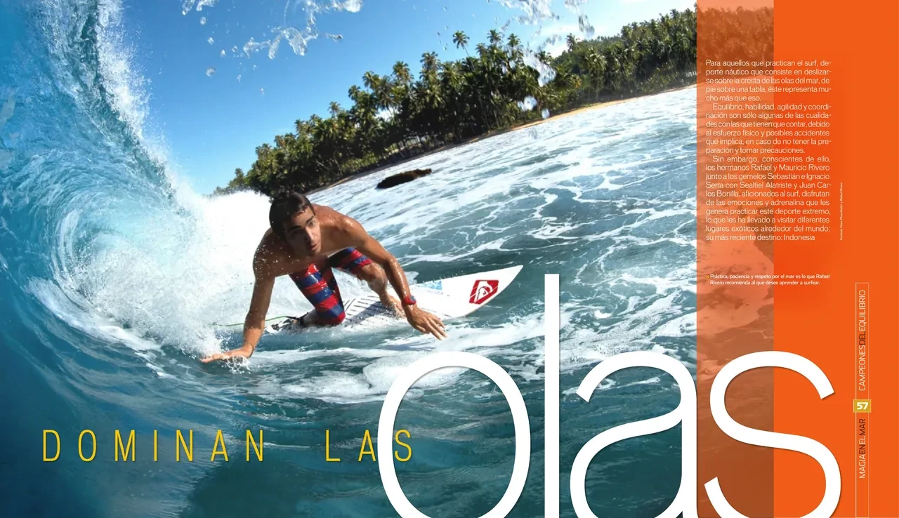 Feature spread ‘Dominan las olas’: a surfer crouching inside a curling wave, with an orange text column on the right