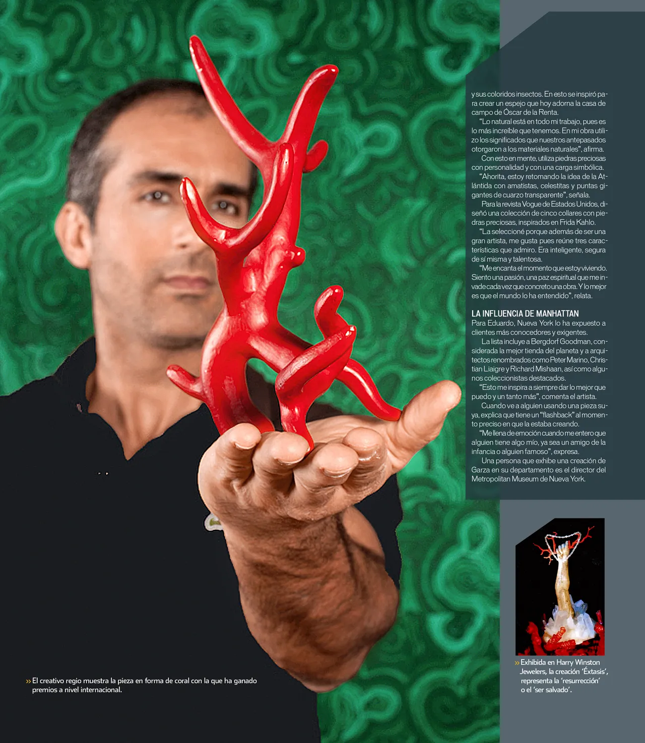 Portrait page of a man holding a red coral sculpture against a green marble backdrop, with a slate text column