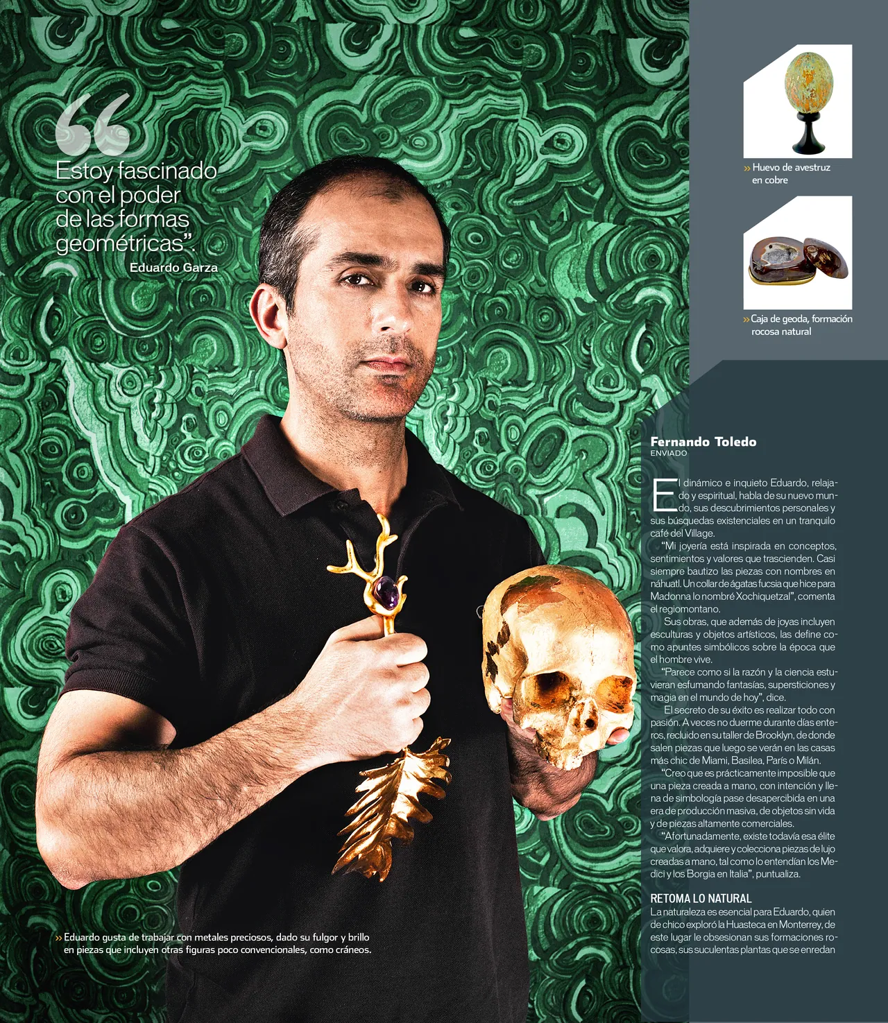 Feature page: a jeweler holding a skull and a branch of gold coral against a green malachite backdrop