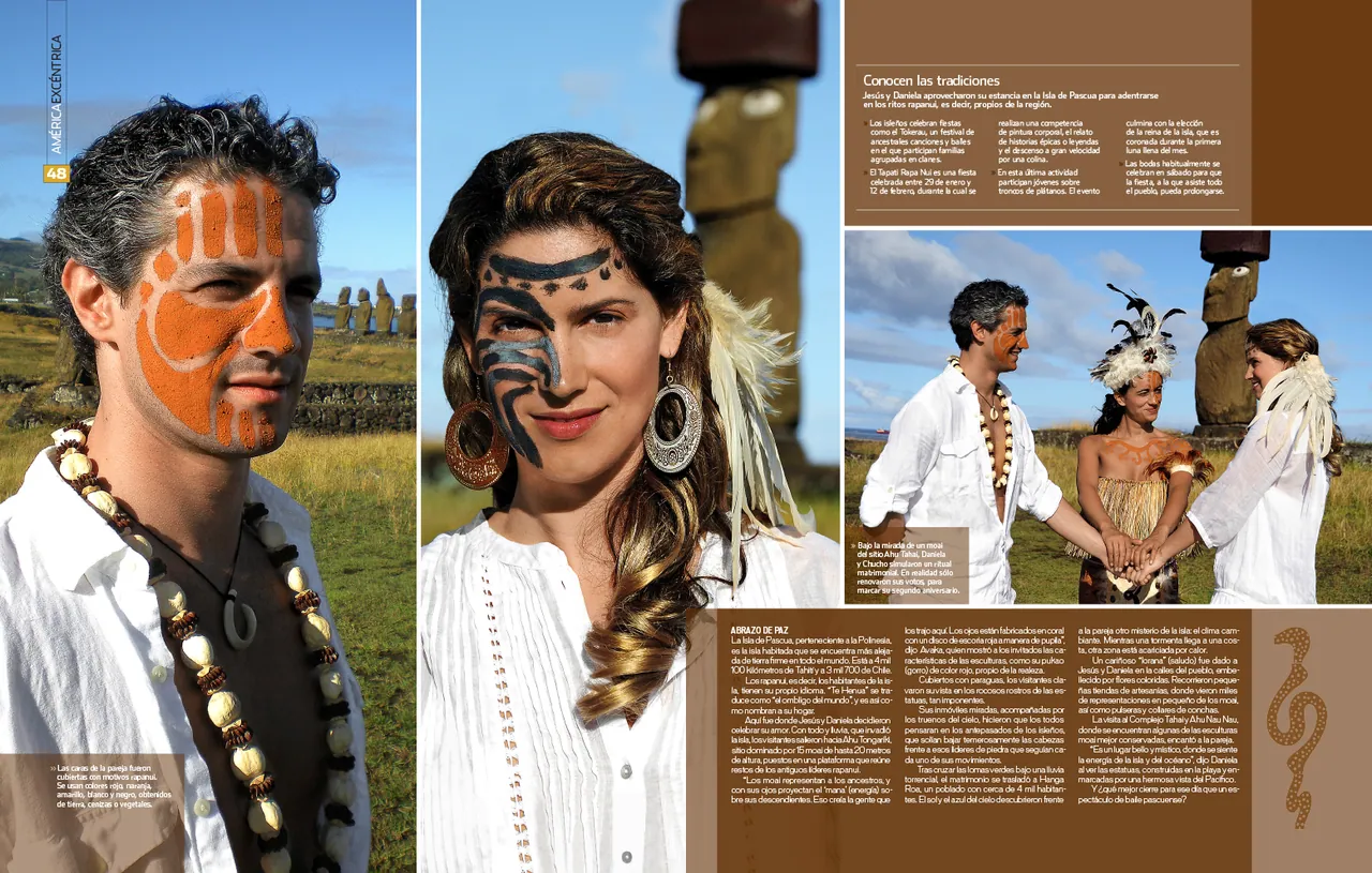 Second spread of ‘Isla ancestral’: close portraits of the couple in rapanui body paint and a vow ceremony beside a moai