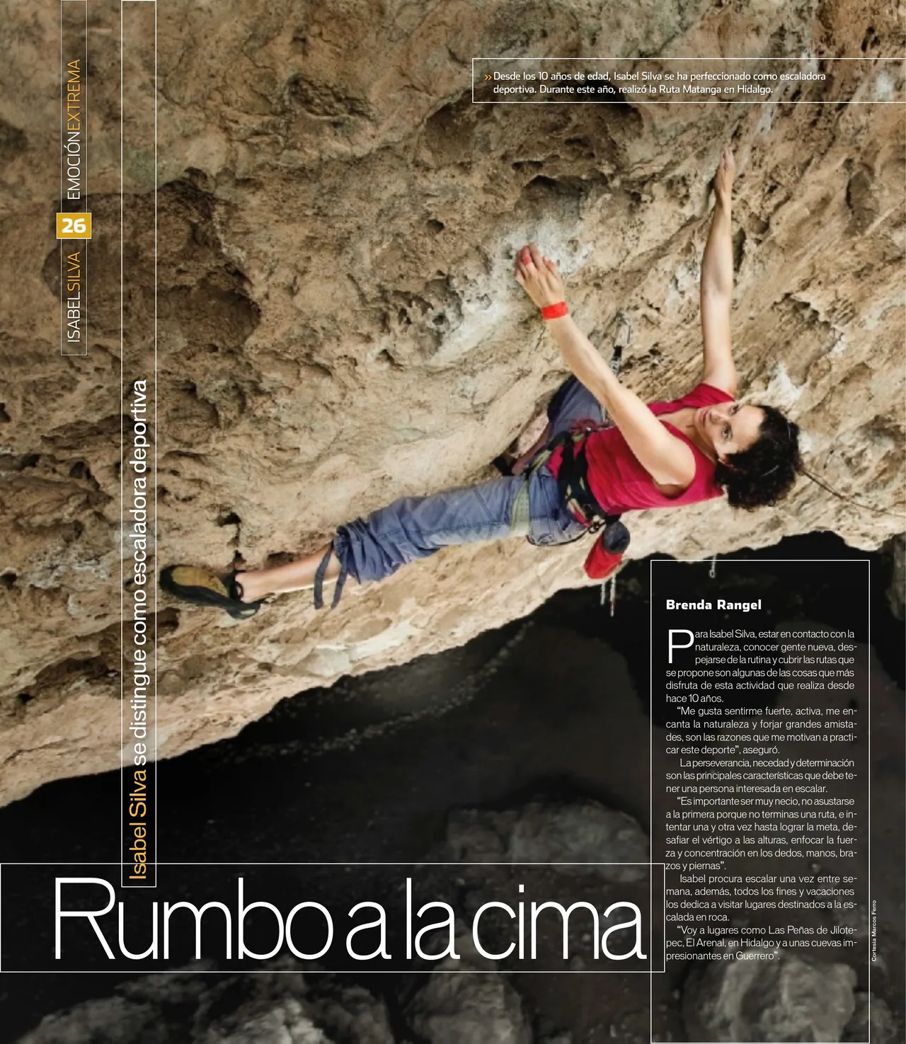 Feature page ‘Rumbo a la cima’: a climber stretched across an overhanging rock face
