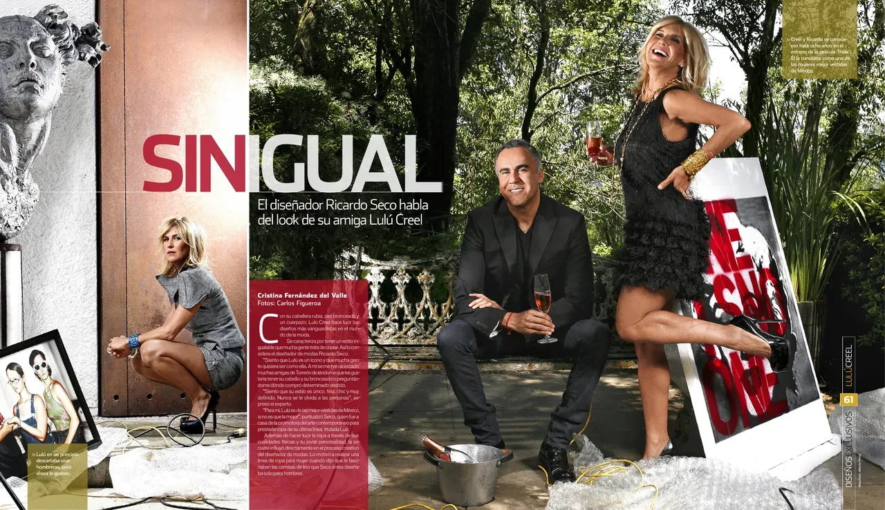Opening spread ‘Sin igual’: a designer crouching beside a rust door on the left, and a man seated and a woman posing with a glass among trees on the right