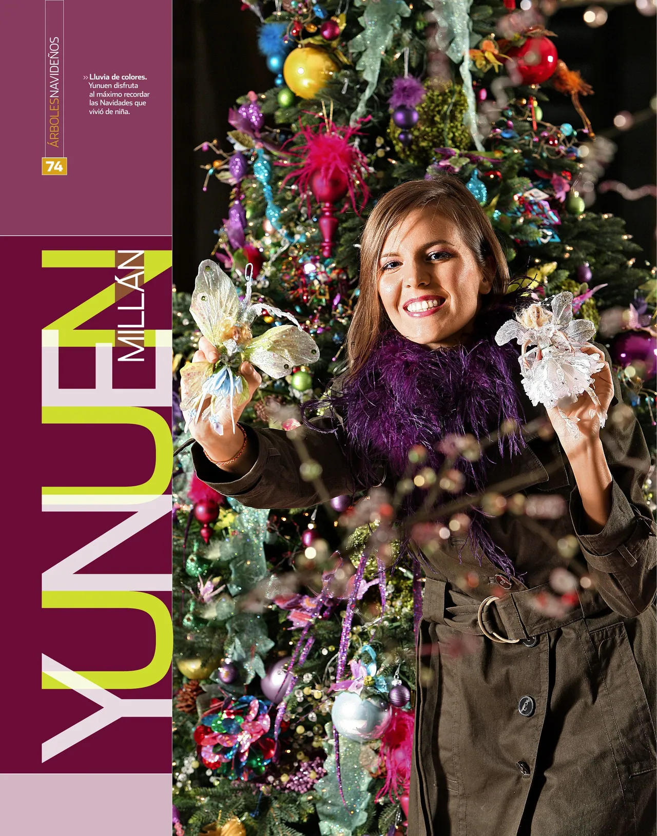 Portrait page with the name YUNUEN MILLÁN in lime and white type on plum, beside a woman holding ornaments in front of a colorful tree
