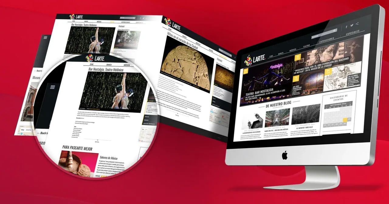 Larte website pages and an iMac on a red background