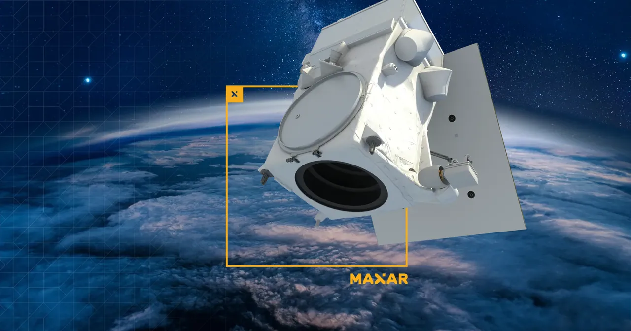 A white satellite over the Earth, with the Maxar mark