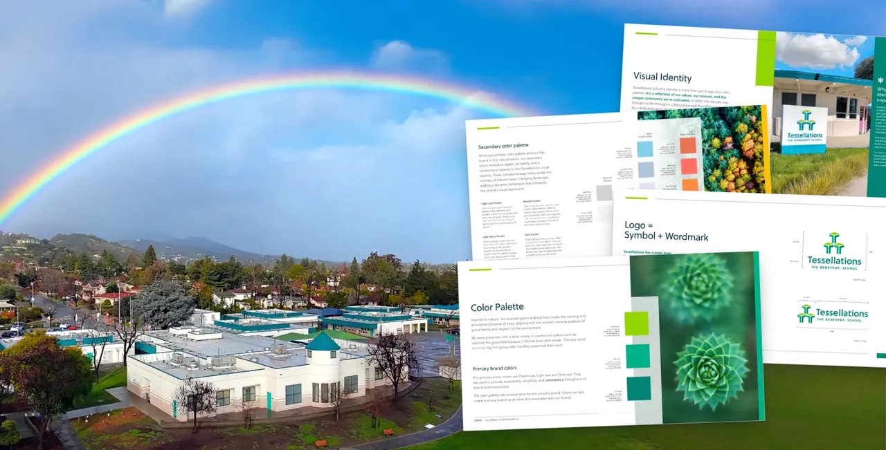 The Tessellations campus under a rainbow, with pages from the brand guidelines on the right
