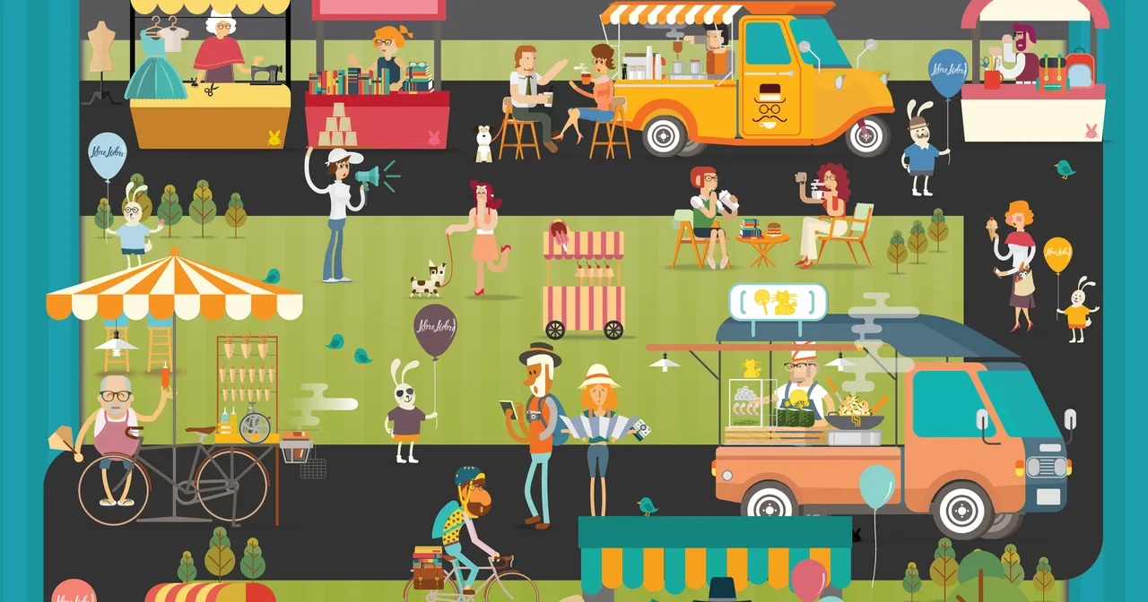 An illustrated city park crowded with food trucks, stalls and a rabbit