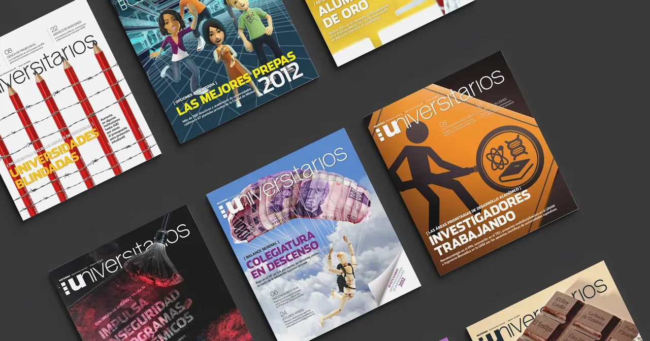 Universitarios magazine covers scattered on a charcoal field