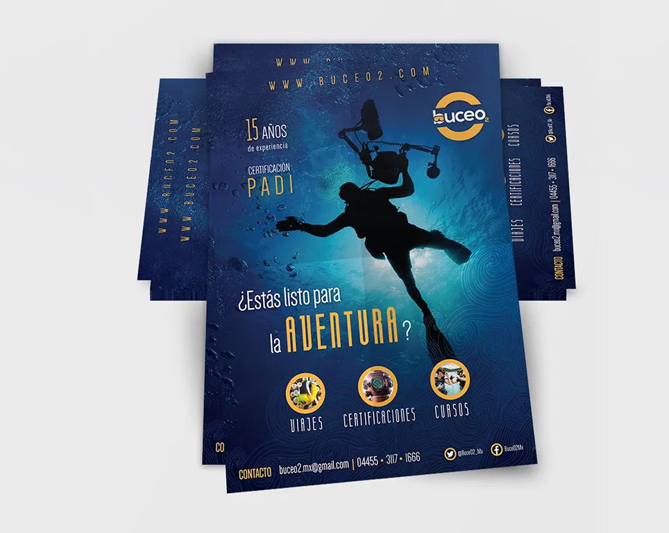 BuceO2 flyers with a silhouetted diver