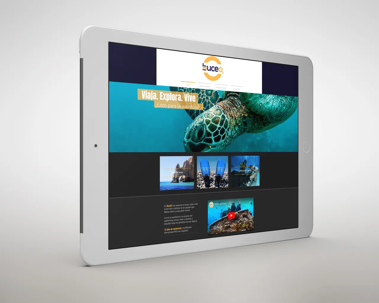 BuceO2 website on a tablet with a sea turtle photo