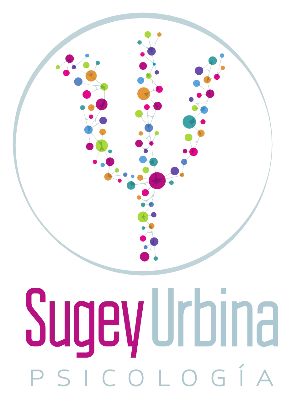 Sugey Urbina Psicología logo: a psi symbol drawn as a tree of colored dots inside a circle