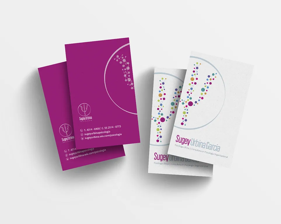 Sugey Urbina business cards in magenta and white