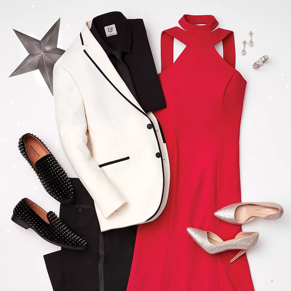 Still life of a white dinner jacket and a red dress