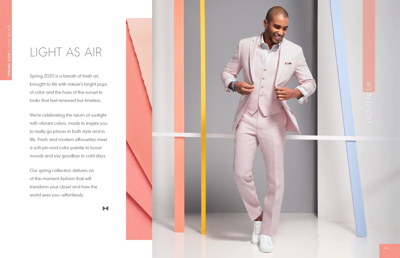 Lookbook spread introducing Light as Air, with a model in a pink linen suit and the headline Lighten Up