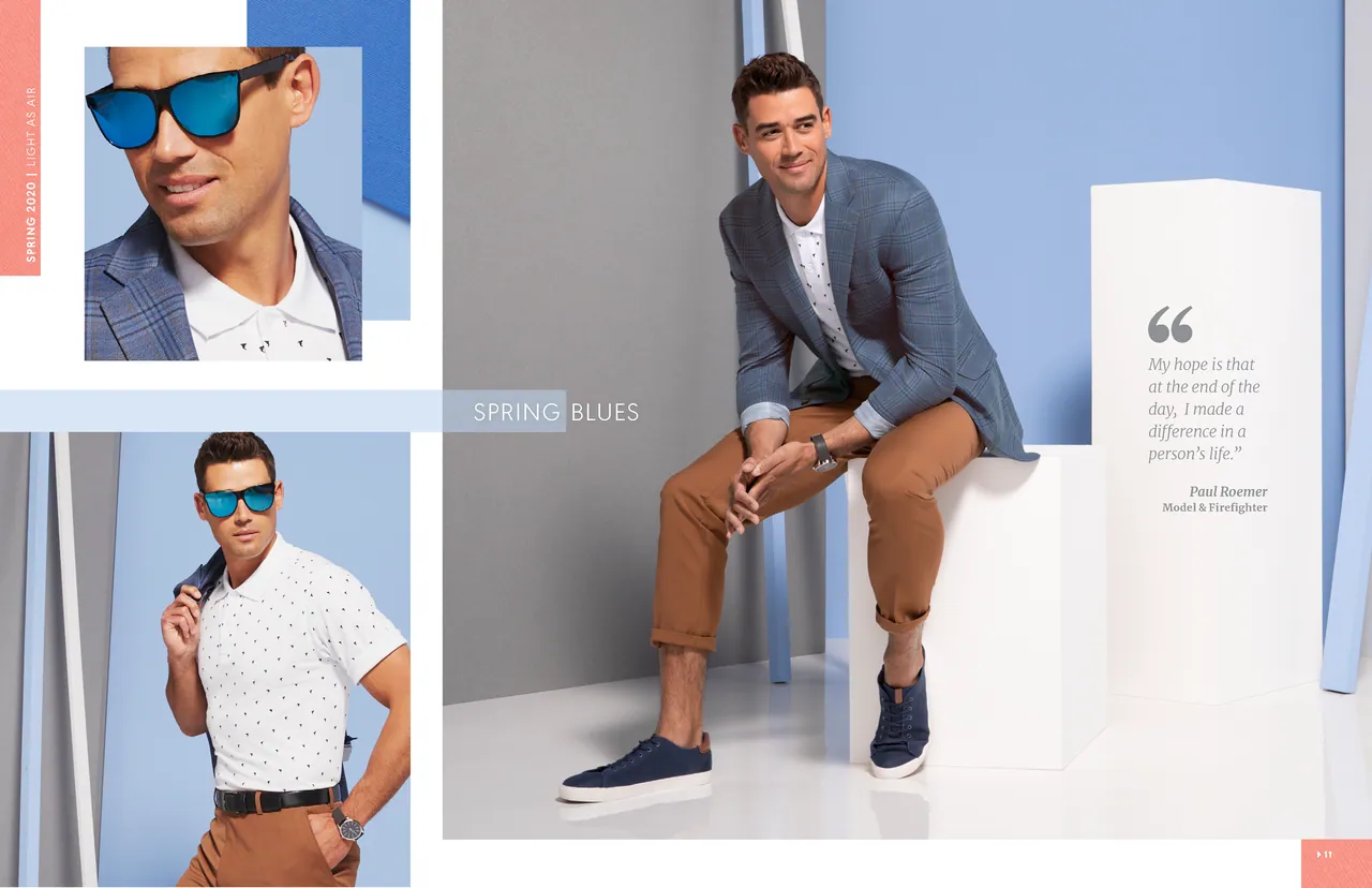 Lookbook spread Spring Blues, with a plaid blazer look and a model quote