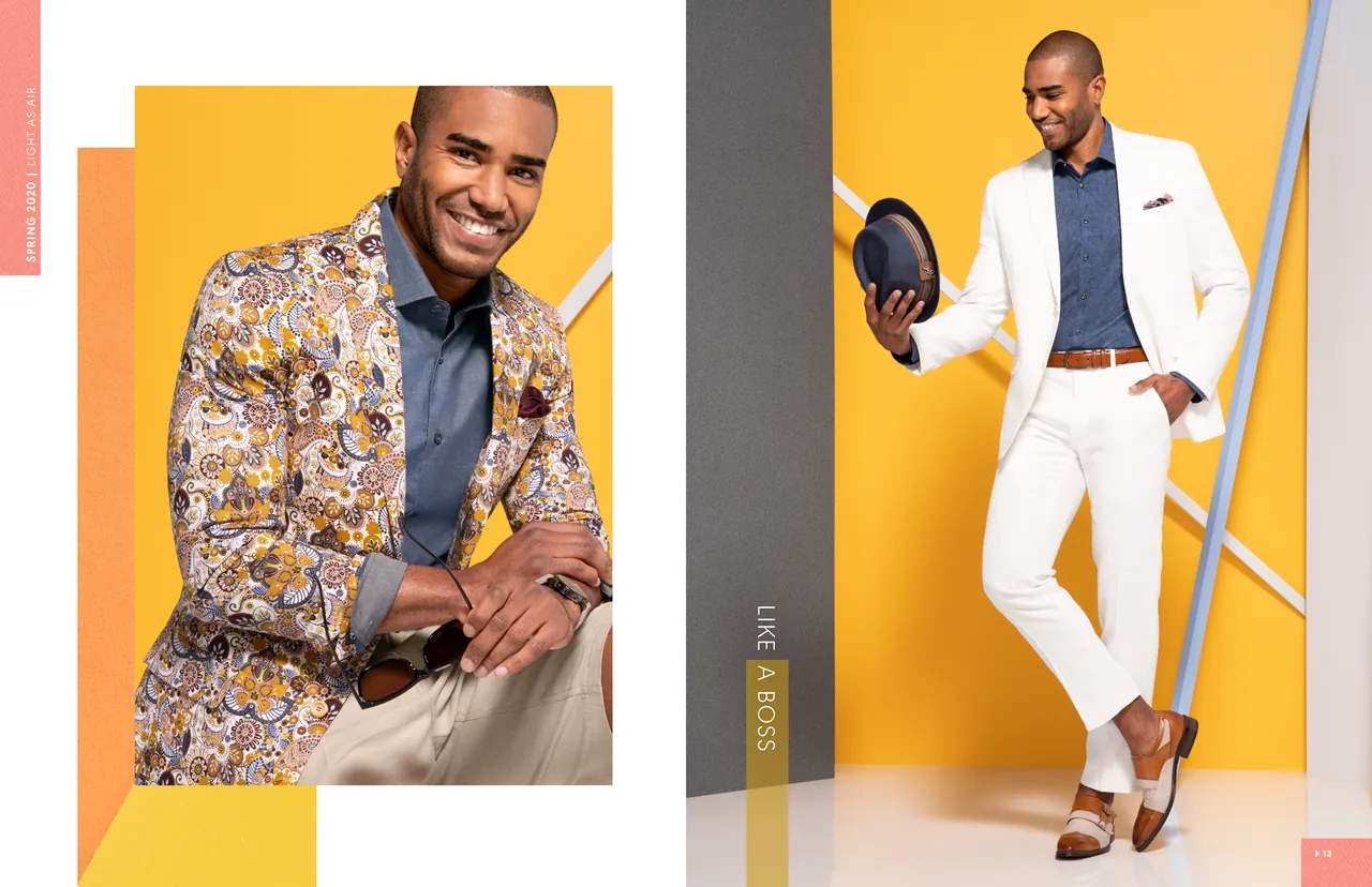 Lookbook spread Like a Boss, with a paisley jacket and a white suit on yellow