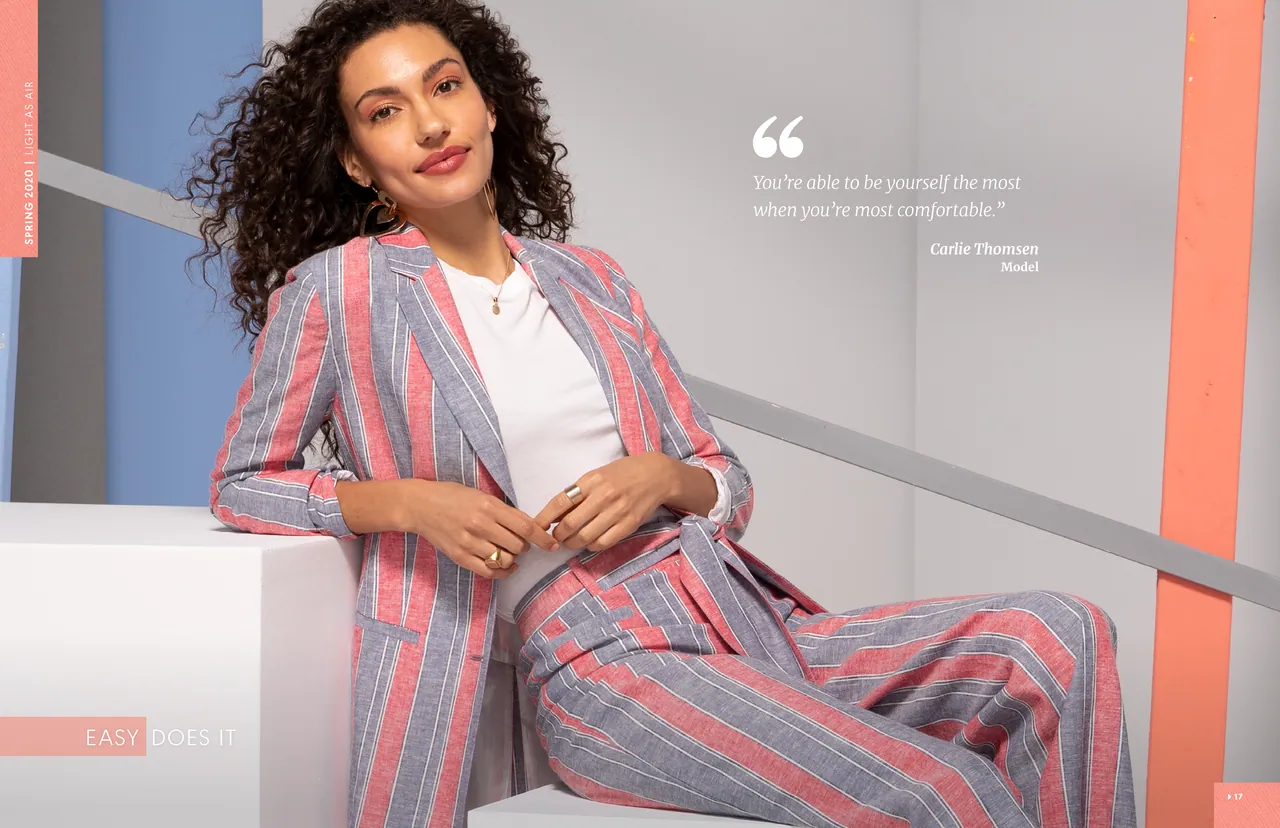 Lookbook spread Easy Does It, with a striped suit and a model quote