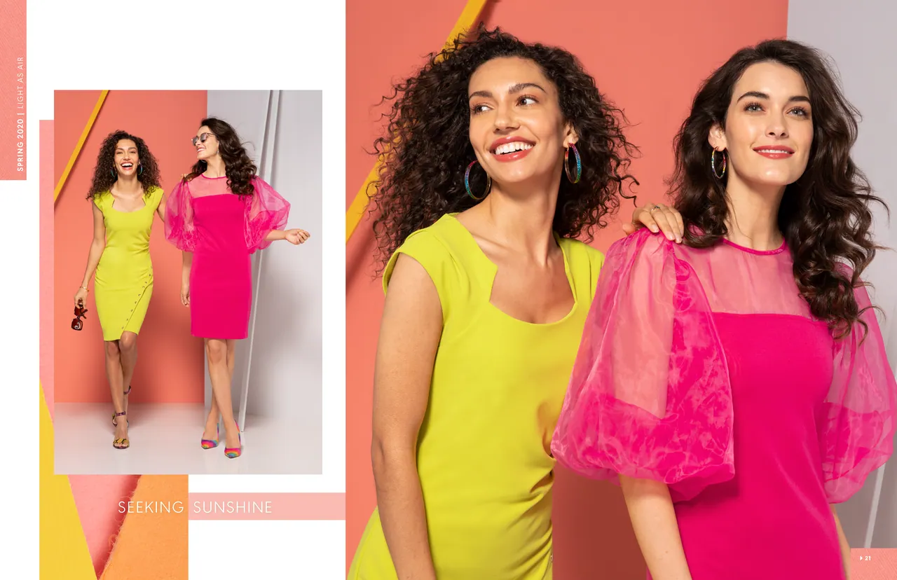Lookbook spread Seeking Sunshine, with two models in lime and pink dresses