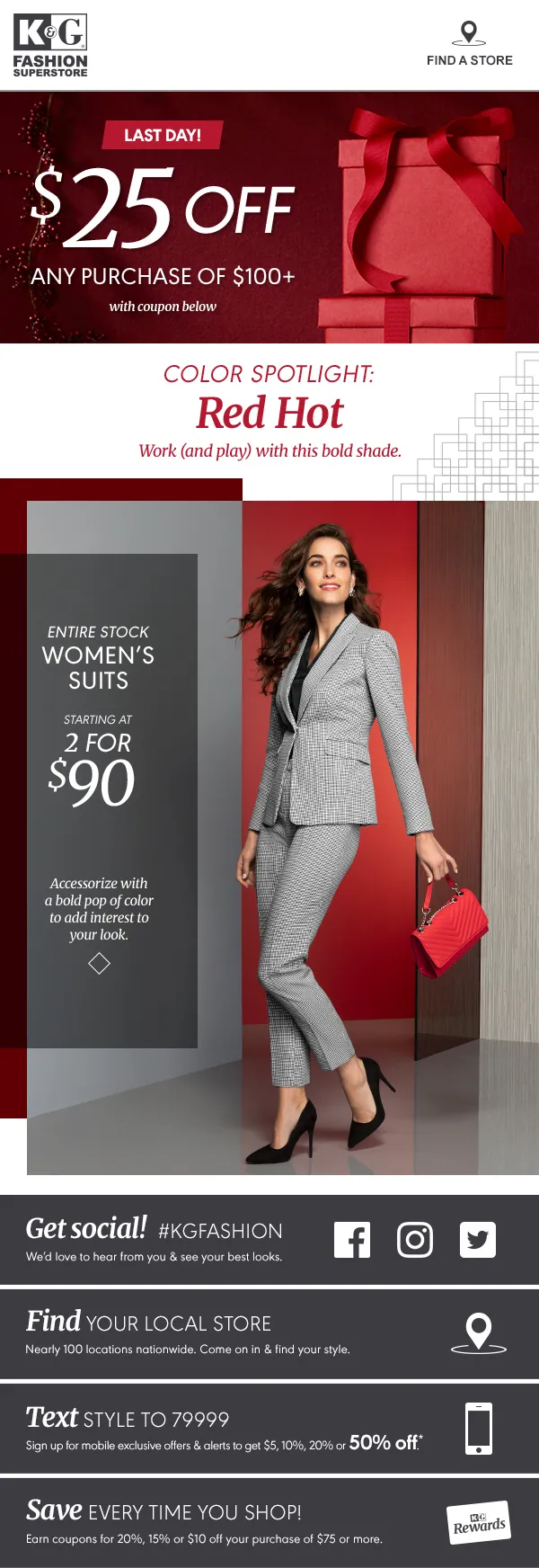 Red Hot holiday email: $25 off any purchase of $100 or more, with a model in a houndstooth suit and red bag