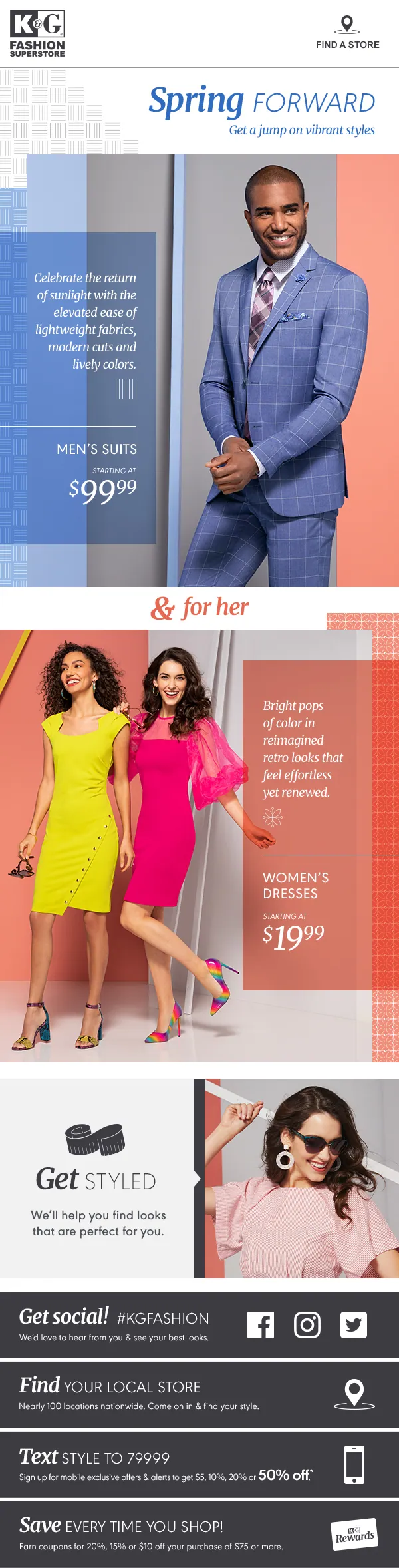 Spring Forward email: men’s suits from $99.99 and women’s dresses from $19.99