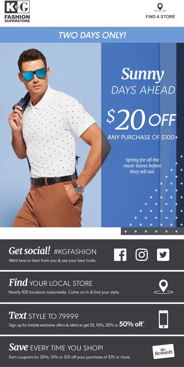 Sunny Days Ahead email: $20 off any purchase of $100 or more, with a model in a printed polo