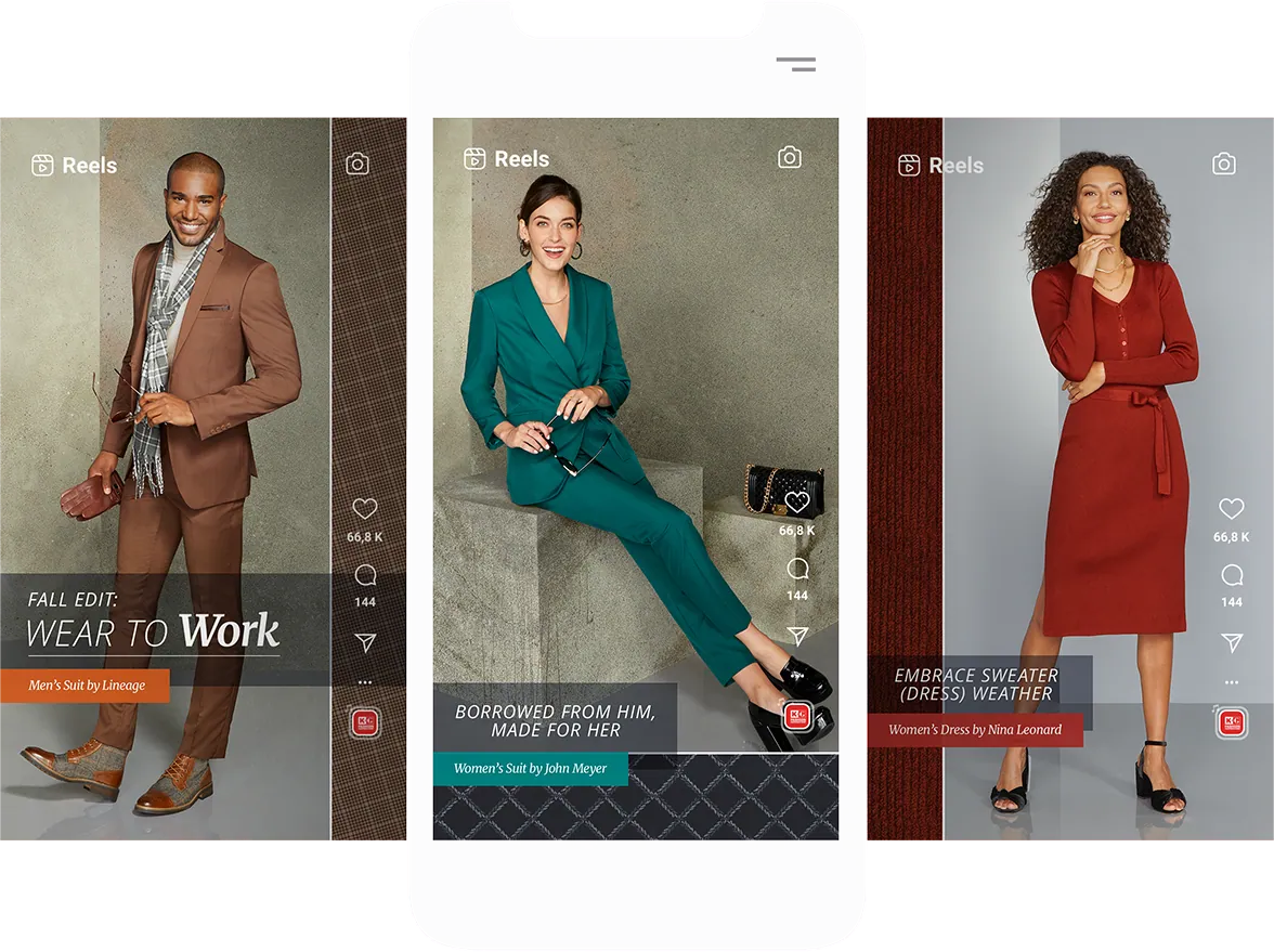 Three Instagram Reels for the Fall campaign shown on phone screens
