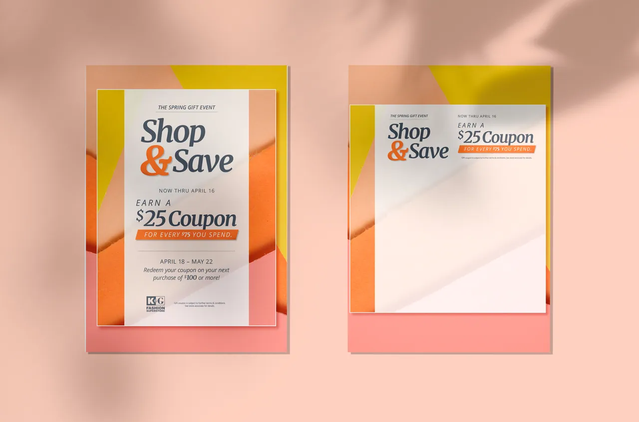 Shop & Save in-store sign and table topper in coral, orange and yellow