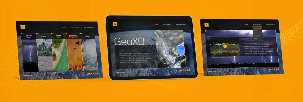 Three tablet screens of the GeoXO proposal companion app on an orange field