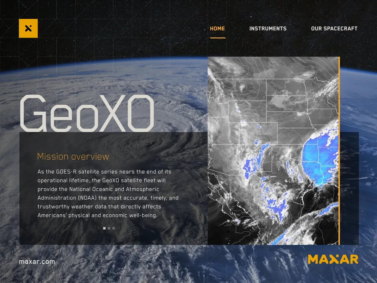GeoXO app home screen: mission overview over a satellite view of North America