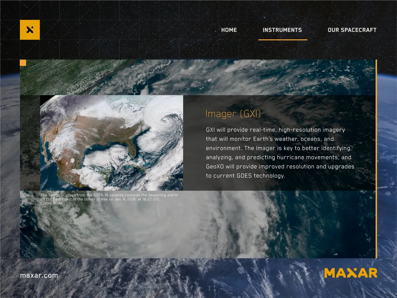 Imager instrument screen showing a hurricane from orbit