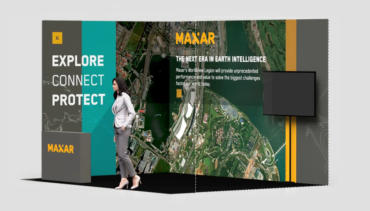 Booth rendering, left view: Explore, Connect, Protect panel