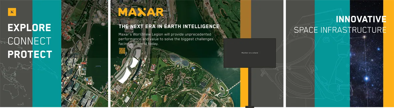 Flat layout of the full booth graphics, from Explore, Connect, Protect to Innovative Space Infrastructure