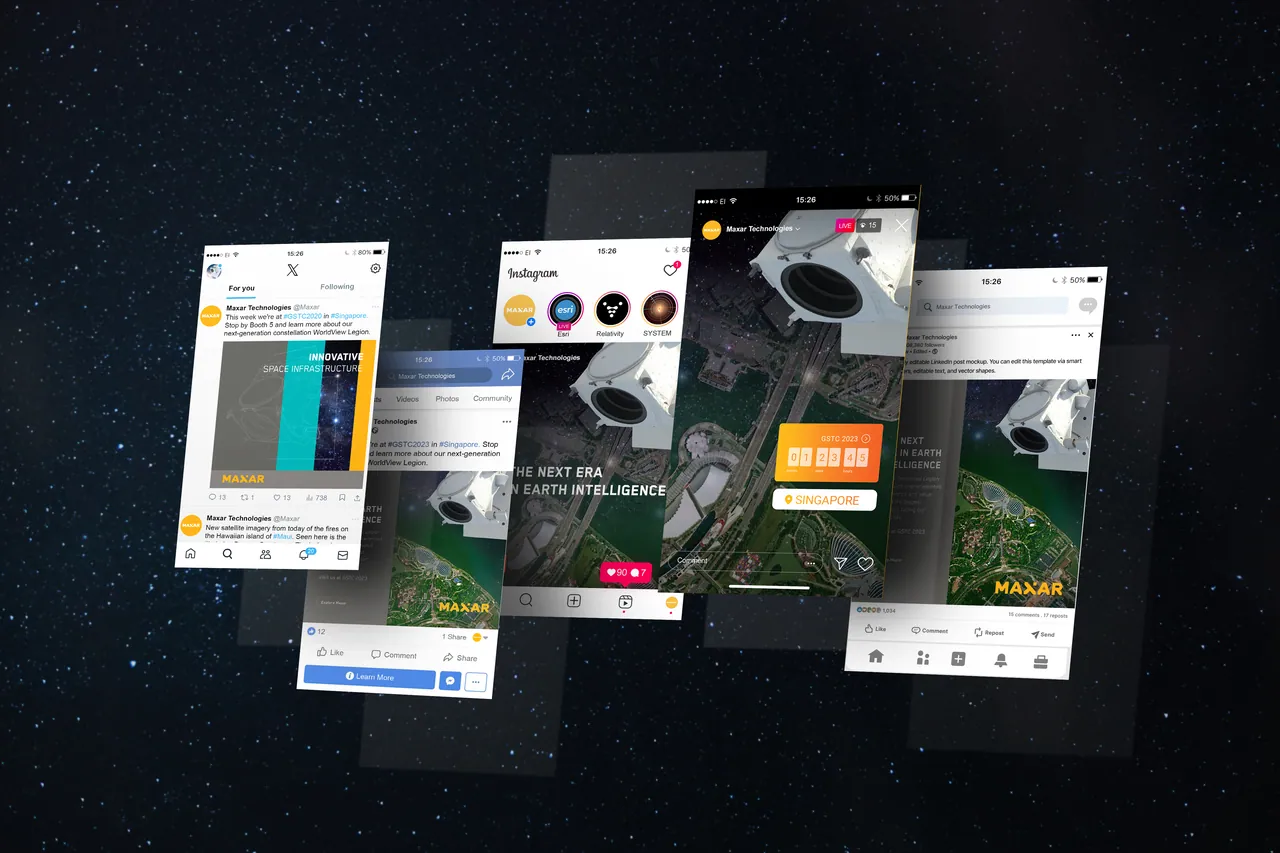 Concept social media screens for GSTC 2023 floating over a satellite image