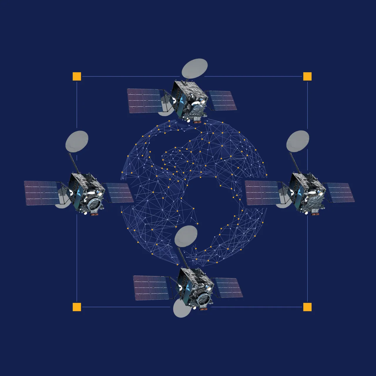 T-shirt artwork: four satellites circling a dotted globe on navy