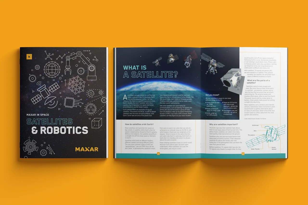 Satellites & Robotics activity book cover and an open spread titled What is a Satellite?