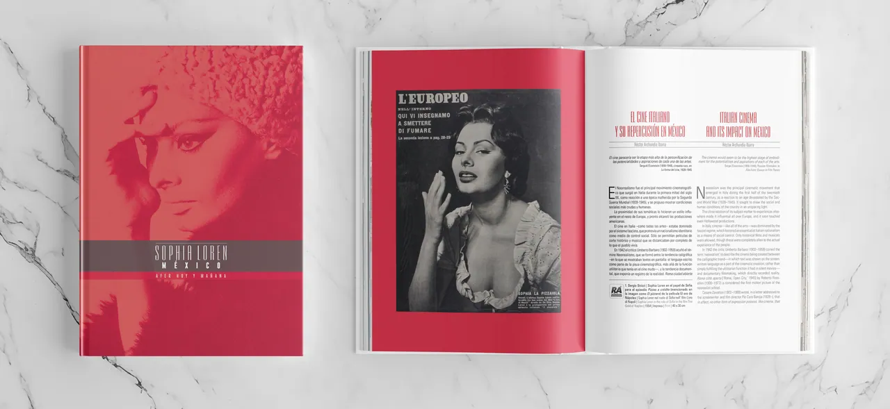 The Sophia Loren catalog, closed and open, on white marble