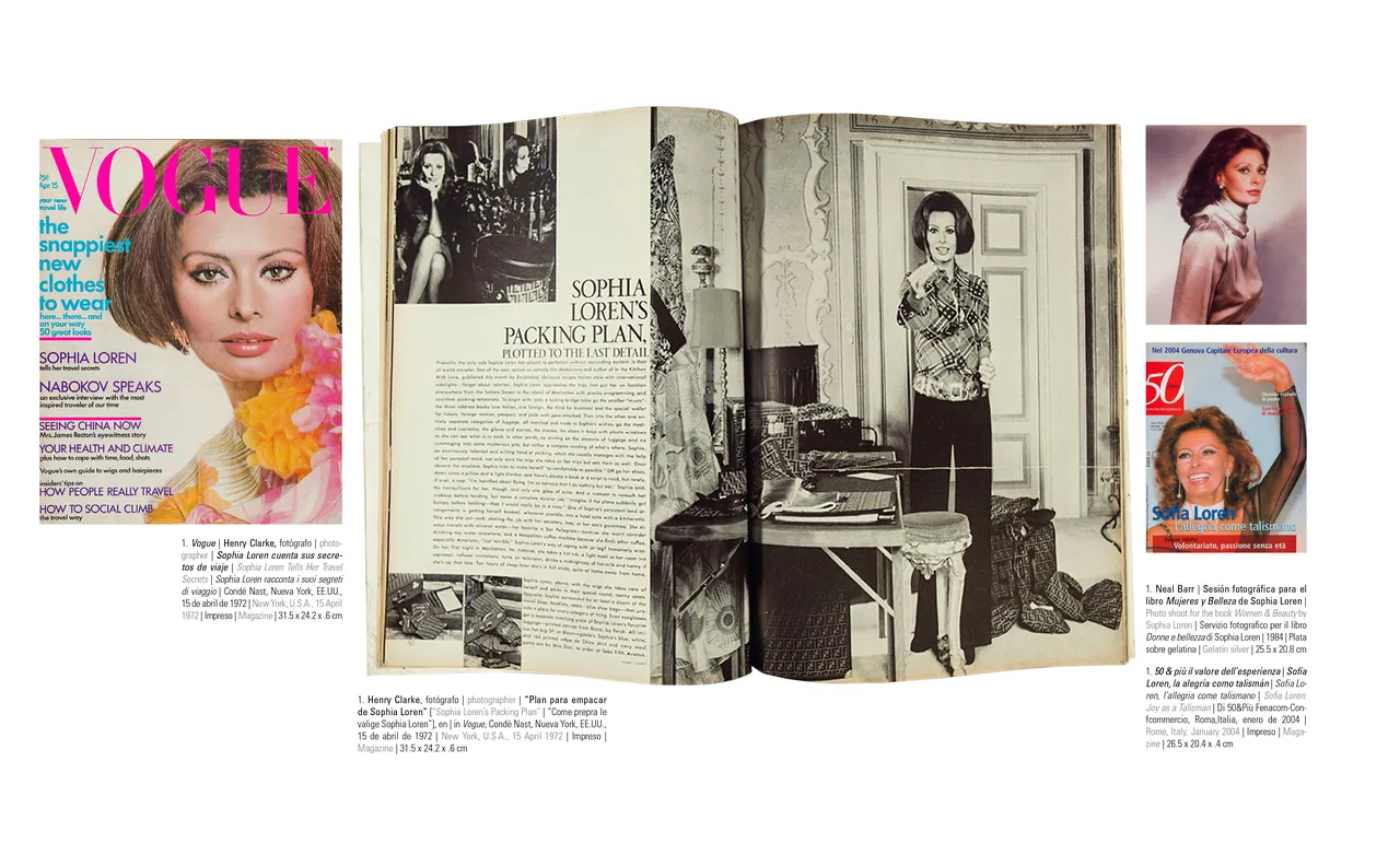 Catalog spread with a Vogue cover, a packing-plan magazine page and portraits