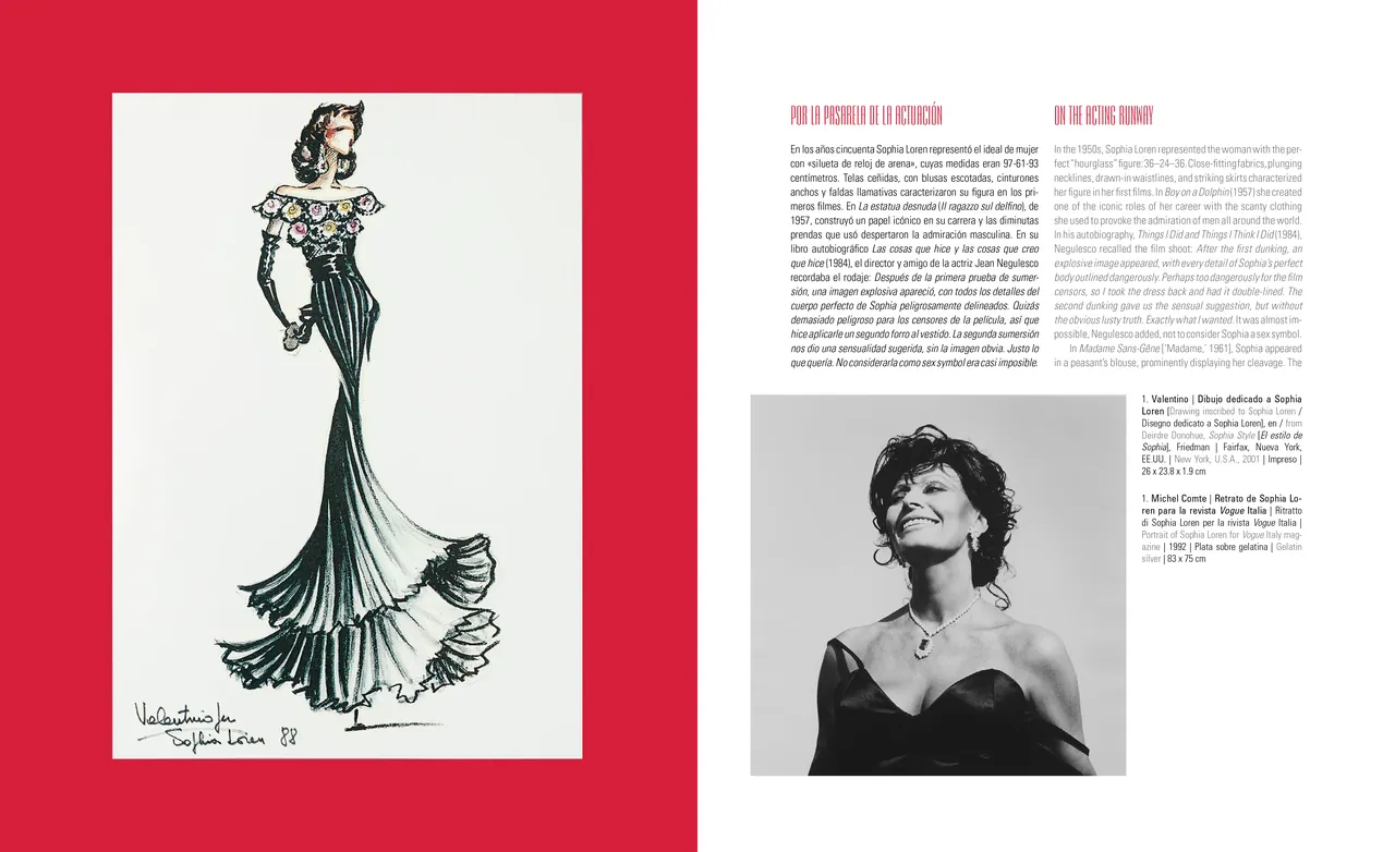 Catalog spread with a fashion sketch of a gown and a portrait on a red page