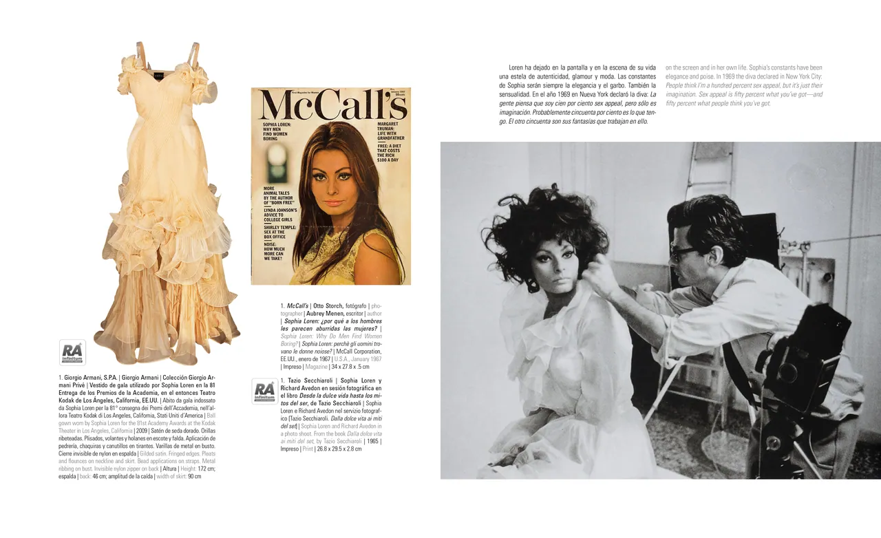 Catalog spread with a ruffled gown, a McCall's cover and a behind-the-scenes photograph