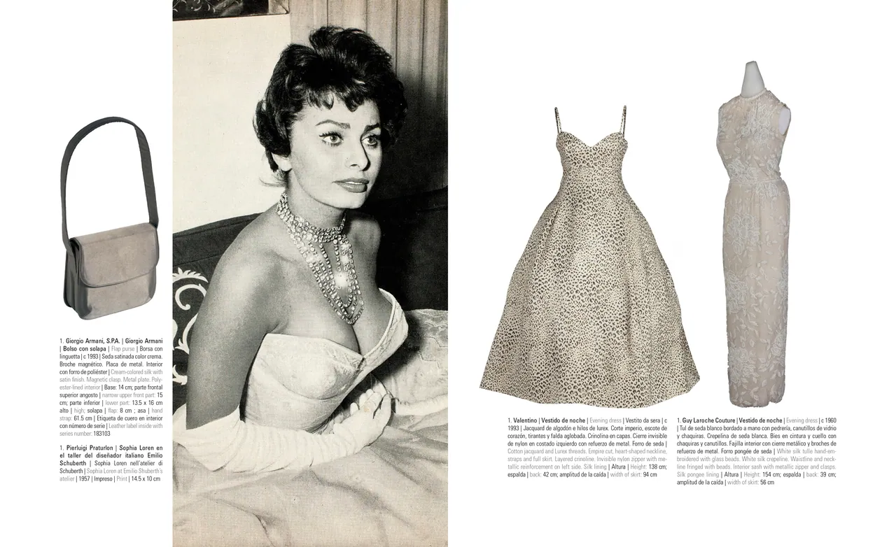 Catalog spread with a black-and-white portrait, a leather handbag and two dresses